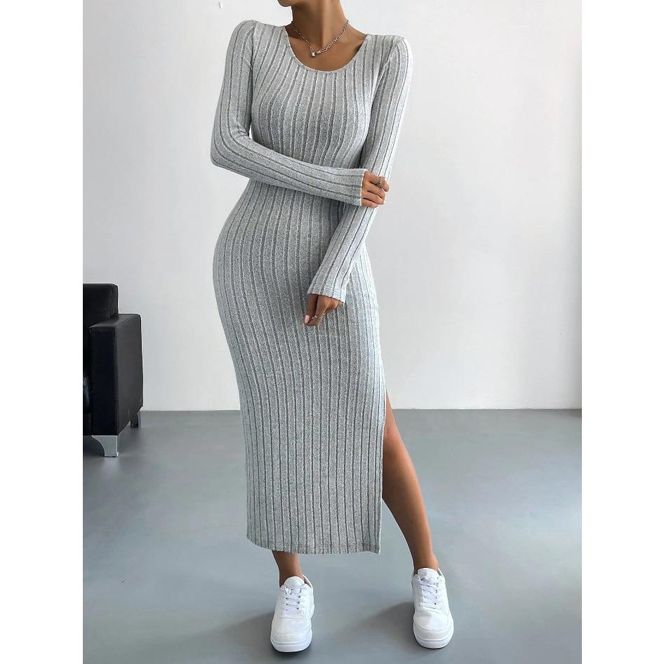 GMXIA Autumn Winter Long Sleeve O-Neck Open Fork Knitted Long Dress for Women