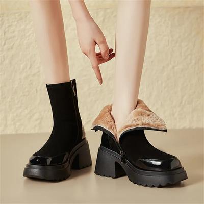Fashion 2025 Split Leather High Heels Winter Warm Wool Boots Women Boots Round Toe Chunky Heel Platform Boots for Women Zapatos De Mujer