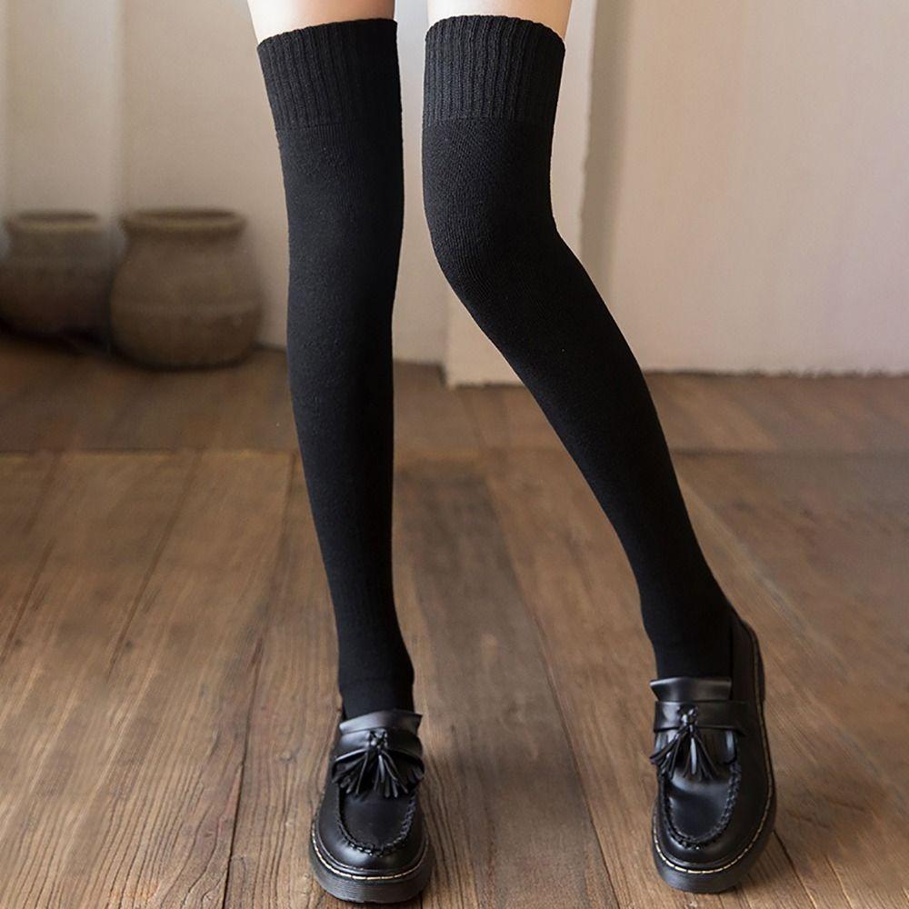 High Elasticity Knee High Socks Solid Color Knitted Stocking Long Tight Stocking Stockings