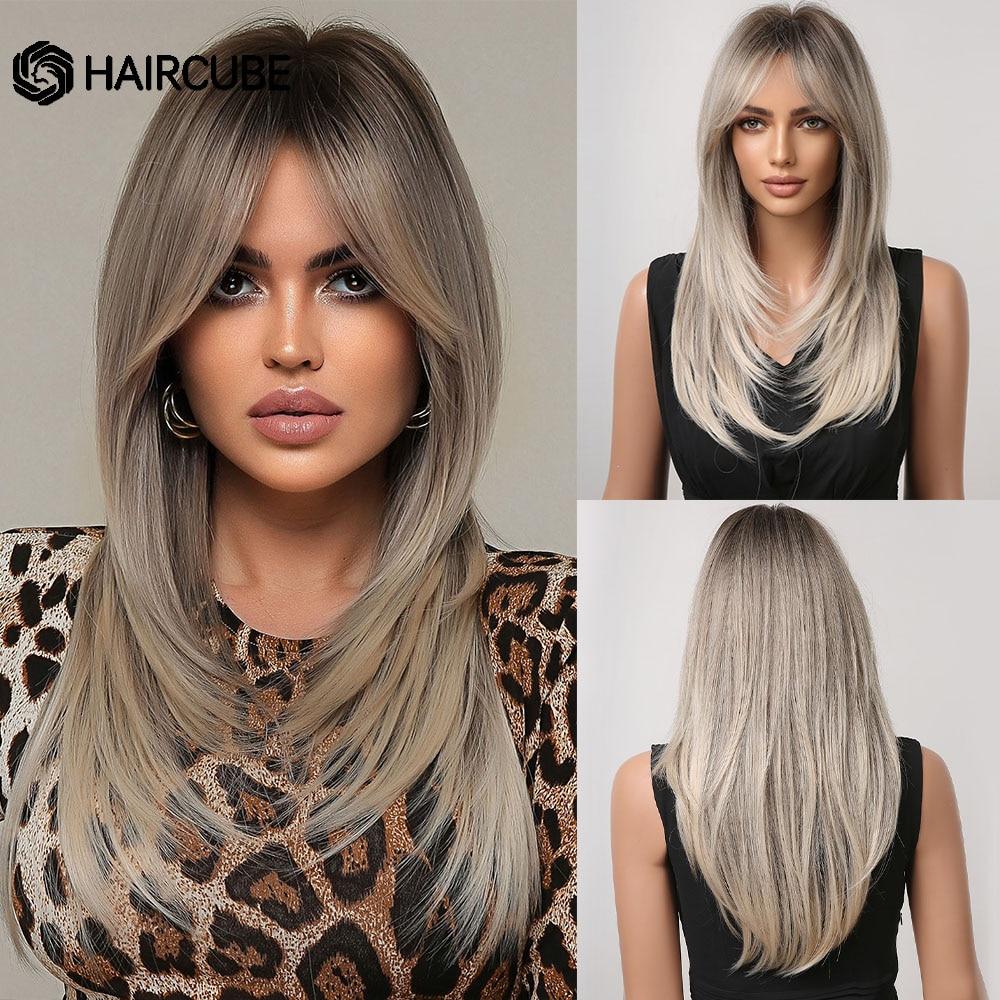 HAIRCUBE Dlouhé rovné syntetické paruky Hnědá Smíšená Bílá Vrstvené paruky pro černé ženy Cosplay paruky odolné vůči teplu