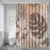 Tropical leaf and floral patterned shower curtain, polyester fabric, machine washable, with hooks, suitable for bathroom décor.