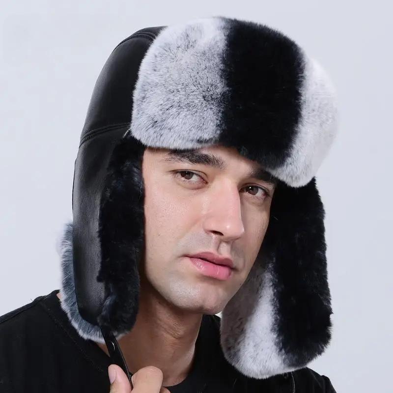 Winter Bomber Hat Men Ushanka Thick Warm Russia Rabbit Fur Trapper Ear Hat