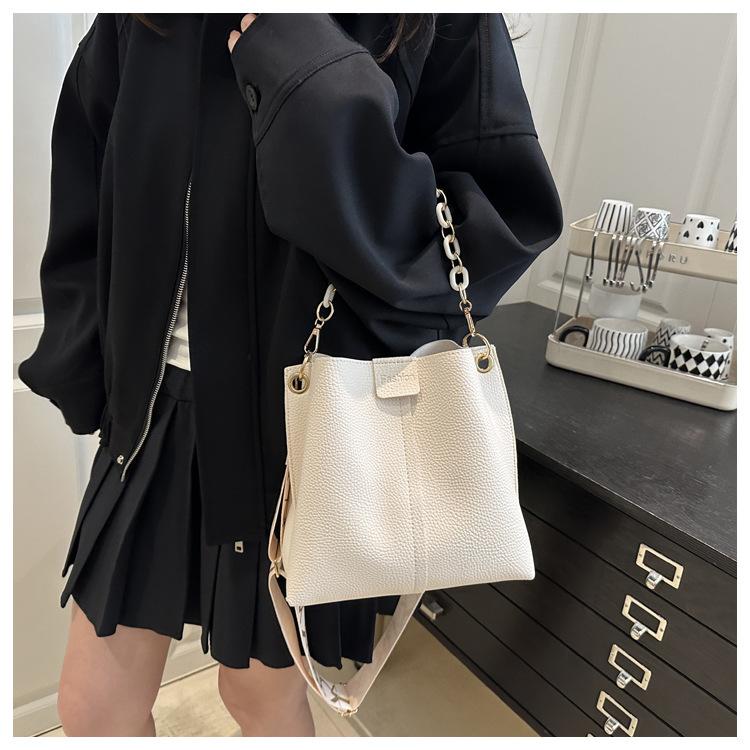 Faux Leather Bucket Bag for Women, Trendy Chain Shoulder Purse, Minimalist Crossbody Handbag KTB