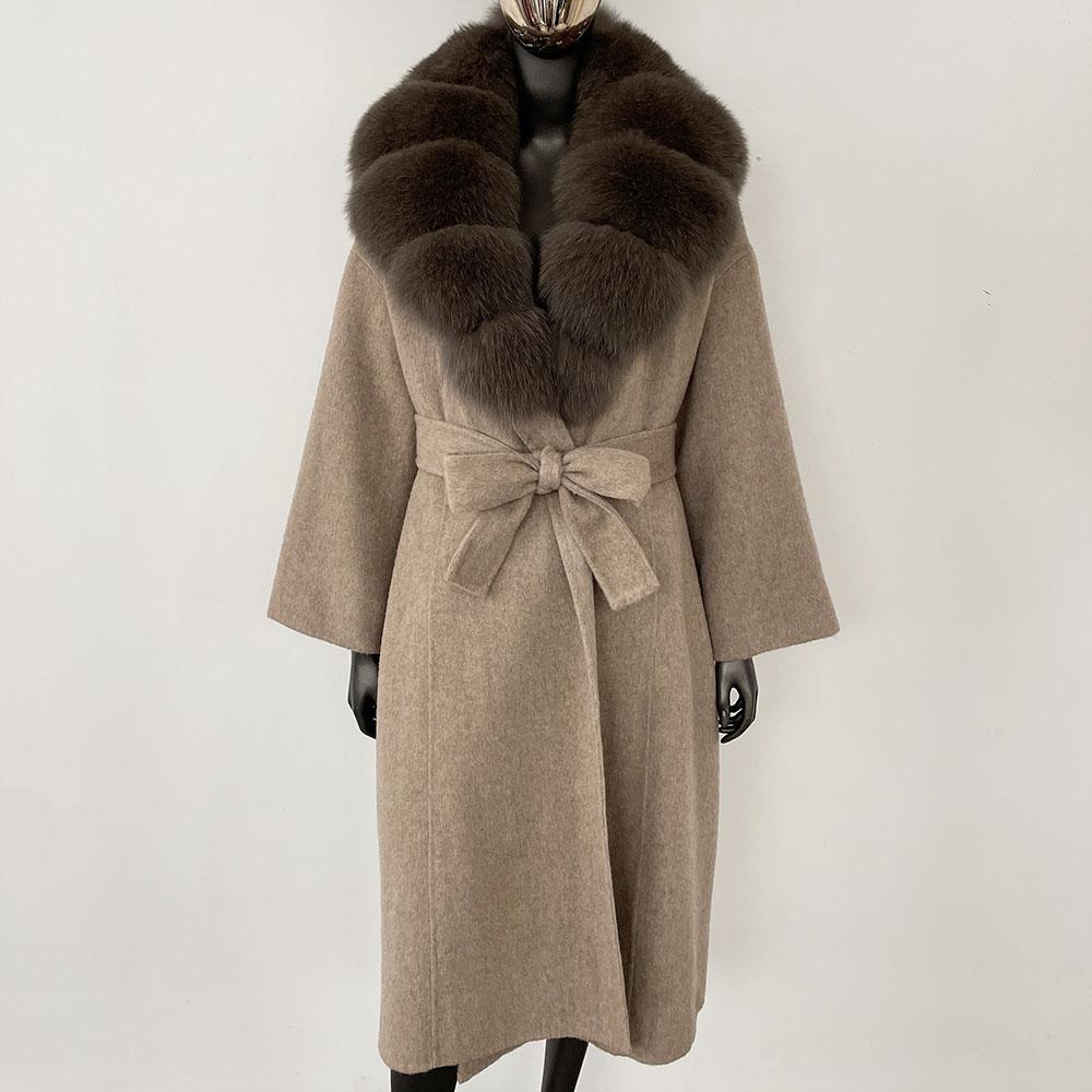 OFTBUY Kabát z pravé kožešiny 2024 Nadměrný dámský svrchní oděv Zimní dámská bunda s límcem z přírodní liščí kožešiny Kapuce Kašmírová vlněná směs Kabát