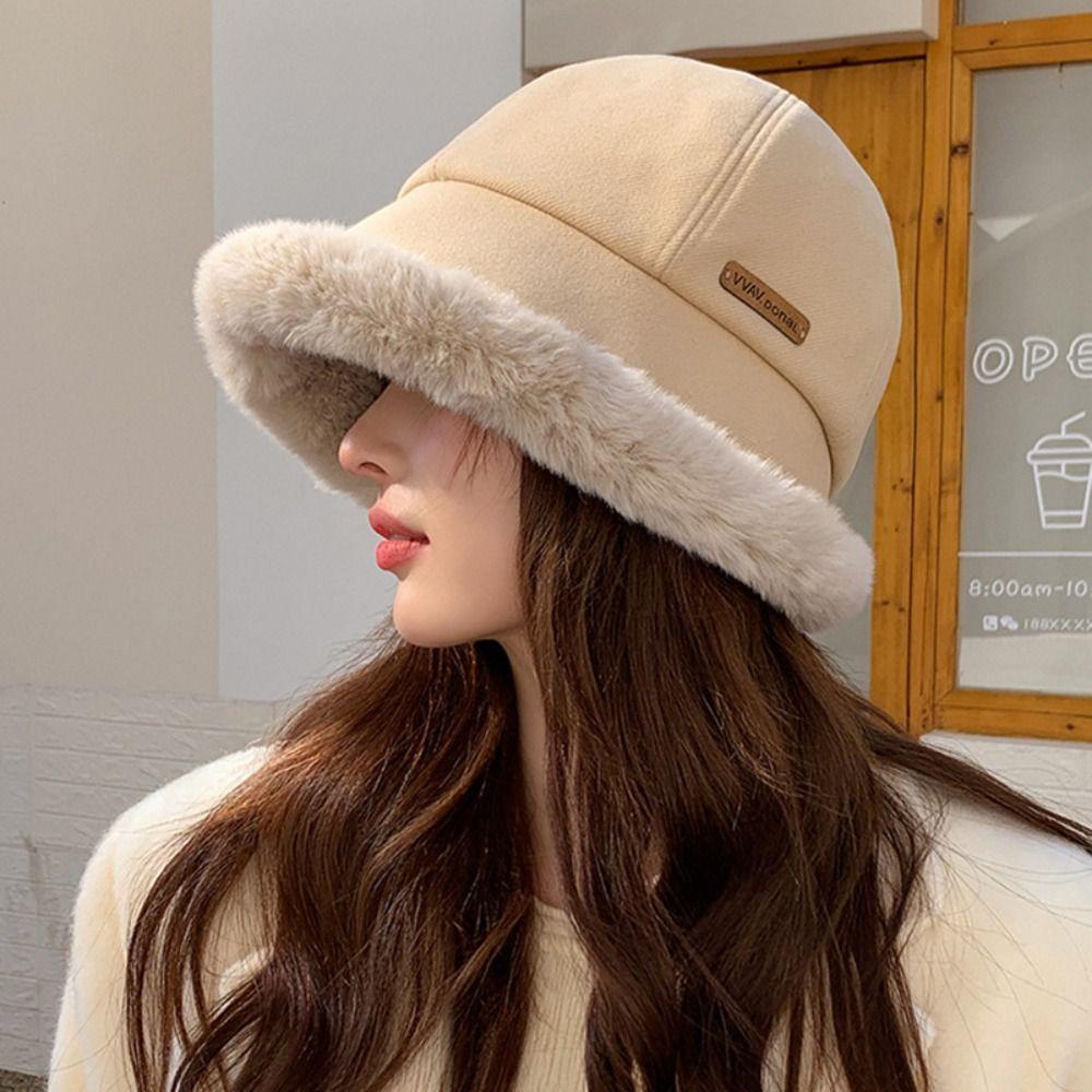 Windproof Fluffy Fur Bucket Hat Wide Brim Winter Fisherman Hat Cute Warm Cap Woman