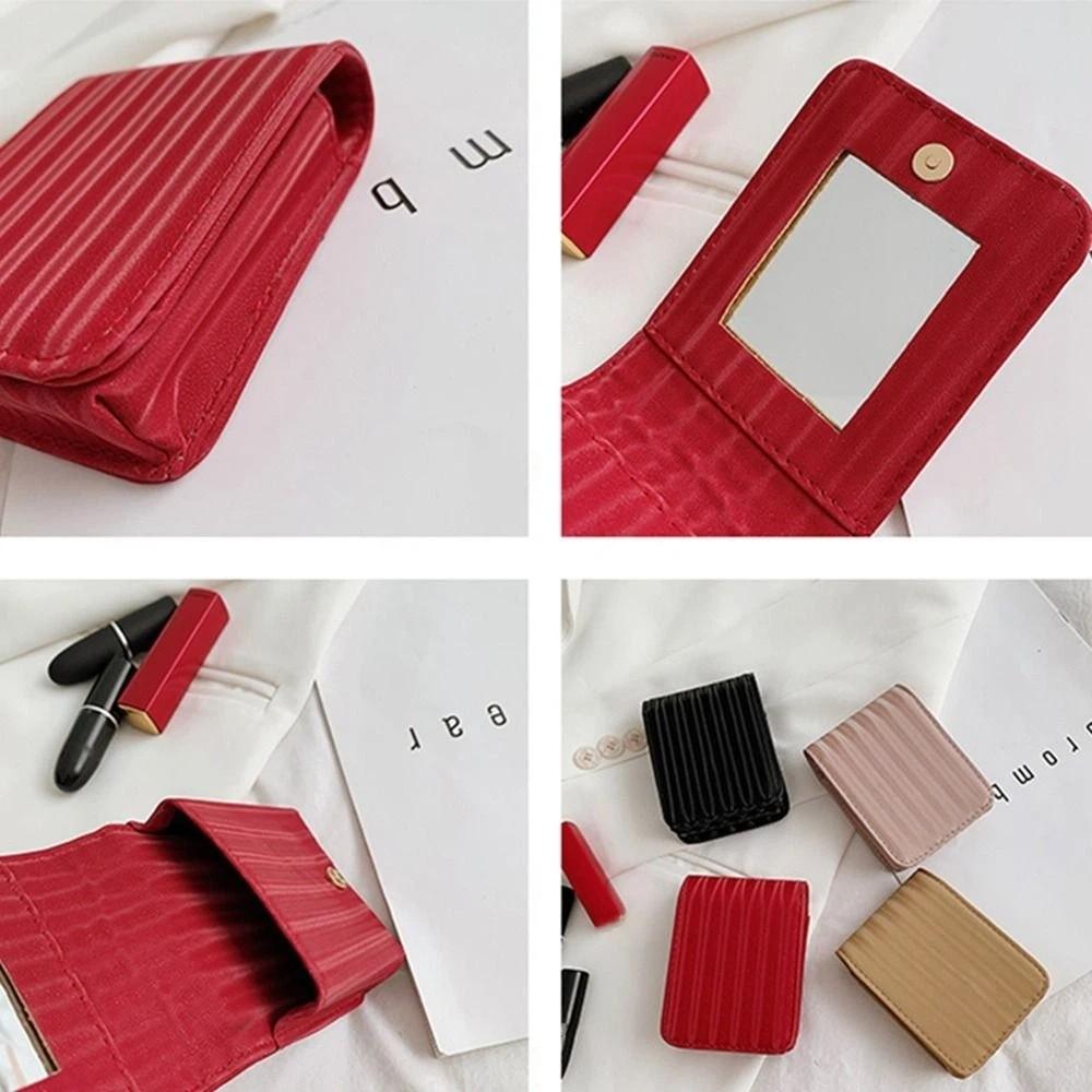 with Mirror Lipstick Bag Pu Leather Lipstick Storage Bag Portable Mini Cosmetic Bag  Travel
