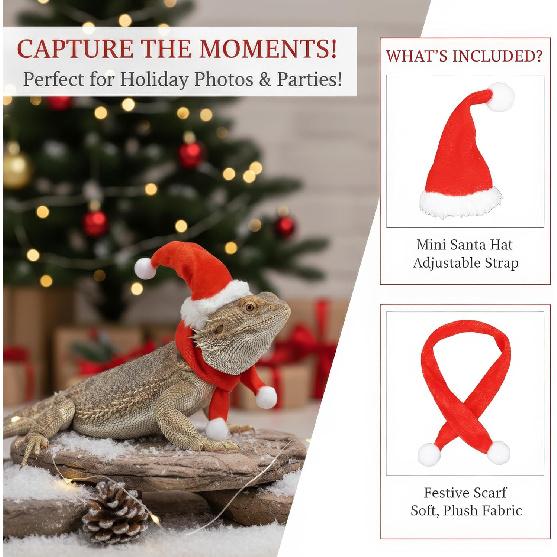 Reptile Christmas Costume: Bearded Dragon Santa Hat & Scarf Set with Adjustable Chin Strap for Lizards, Ferrets