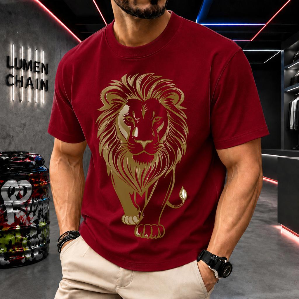 2026 New Pure Cotton Tshirt With Golden Majestic Lion Print Light Luxury Casual Trendy Wear