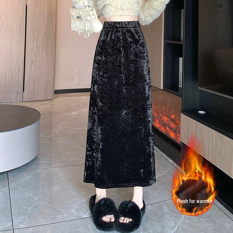 2025 Retro Gold Velvet Midi Skirt: Thickened, Slim, Mid-Length Slit for Autumn/Winter, Perfect for Halloween