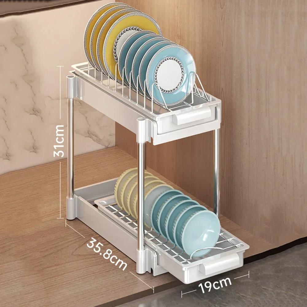 Kitchen Pull-out Dish Rack with Drawer Bowls Dishes Drainer Storage Drying Rack Tableware Holder Under Sink Cabinet Organizer