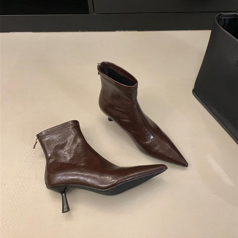 

Мода Bailamos 2025 Зима Новый Бренд Женские Ботильоны Тонкий Высокий Каблук Челси Мода Острый Носок Задняя Молния Женские Короткие Ботинки 39 коричневый