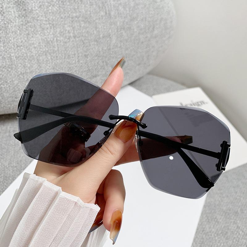 Rahmenlose Große Metall-Sonnenbrille für Damen: Europäischer & Amerikanischer Stil, Farbverlauf UV-Schutz, High-End, Schlankmachender Look