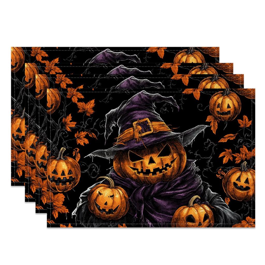 Halloween Placemats Dining Table Spooky Pumpkin Bat Moon Themed Table Mats Party Decor Trick or Treat Dinner Durable Washable