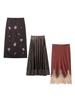 European Women's Beaded Sequin Embroidered Silk Satin Lace Trim Midi Skirt