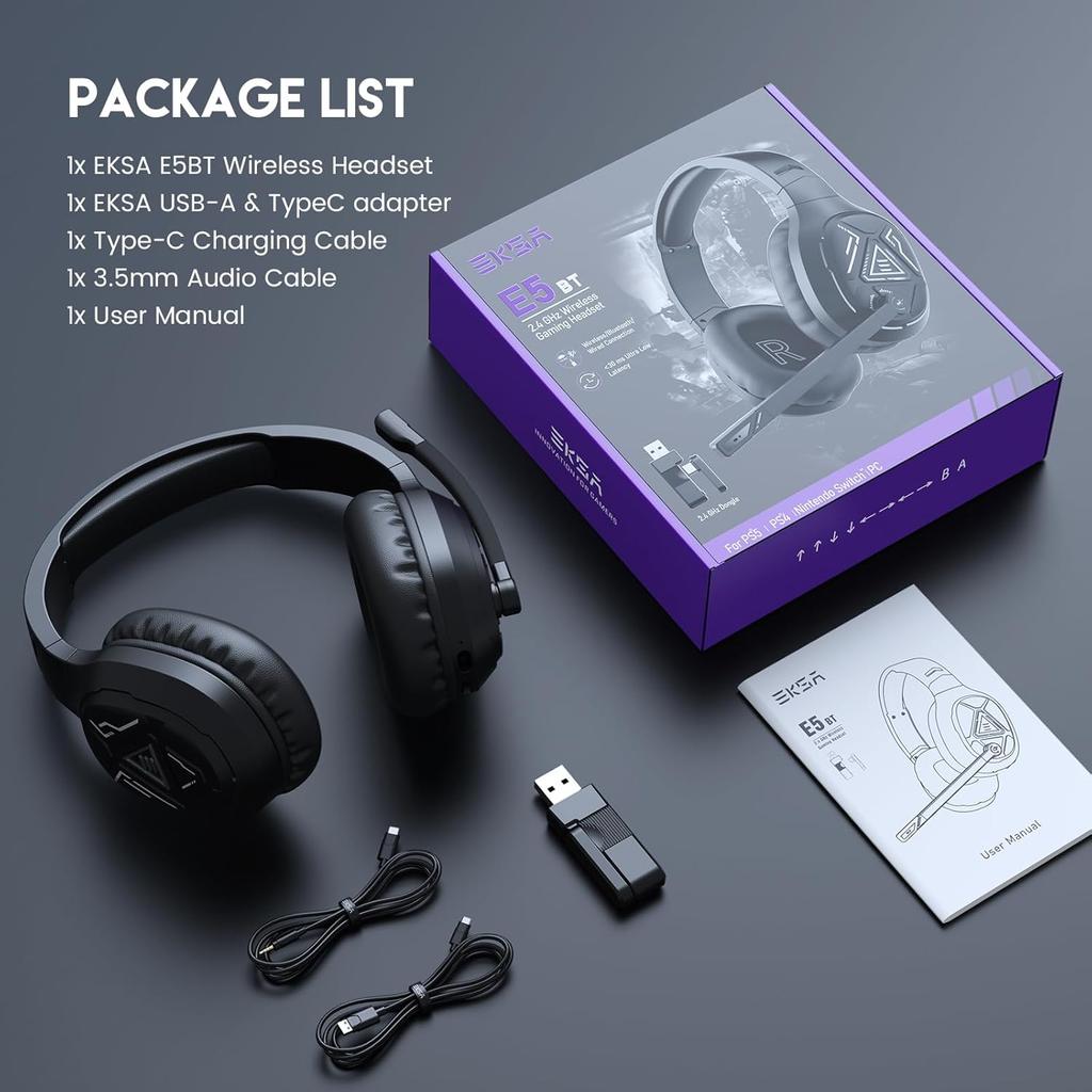 EKSA 2.4GHz Wireless Gaming Headset with Noise Canceling Microphone for PS5, PC, PS4 Bluetooth Gaming Headphones with USB & Type-C Connector, 52Hrs