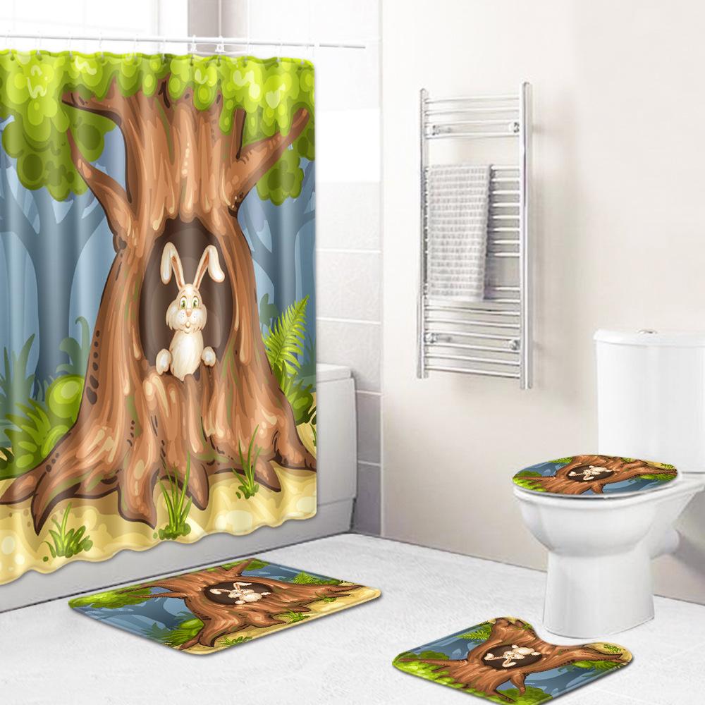 Healing Tree Hole Bathroom Shower Curtain Floor Mat Toilet Cover Foot Mat Four-Piece Pattern Size
