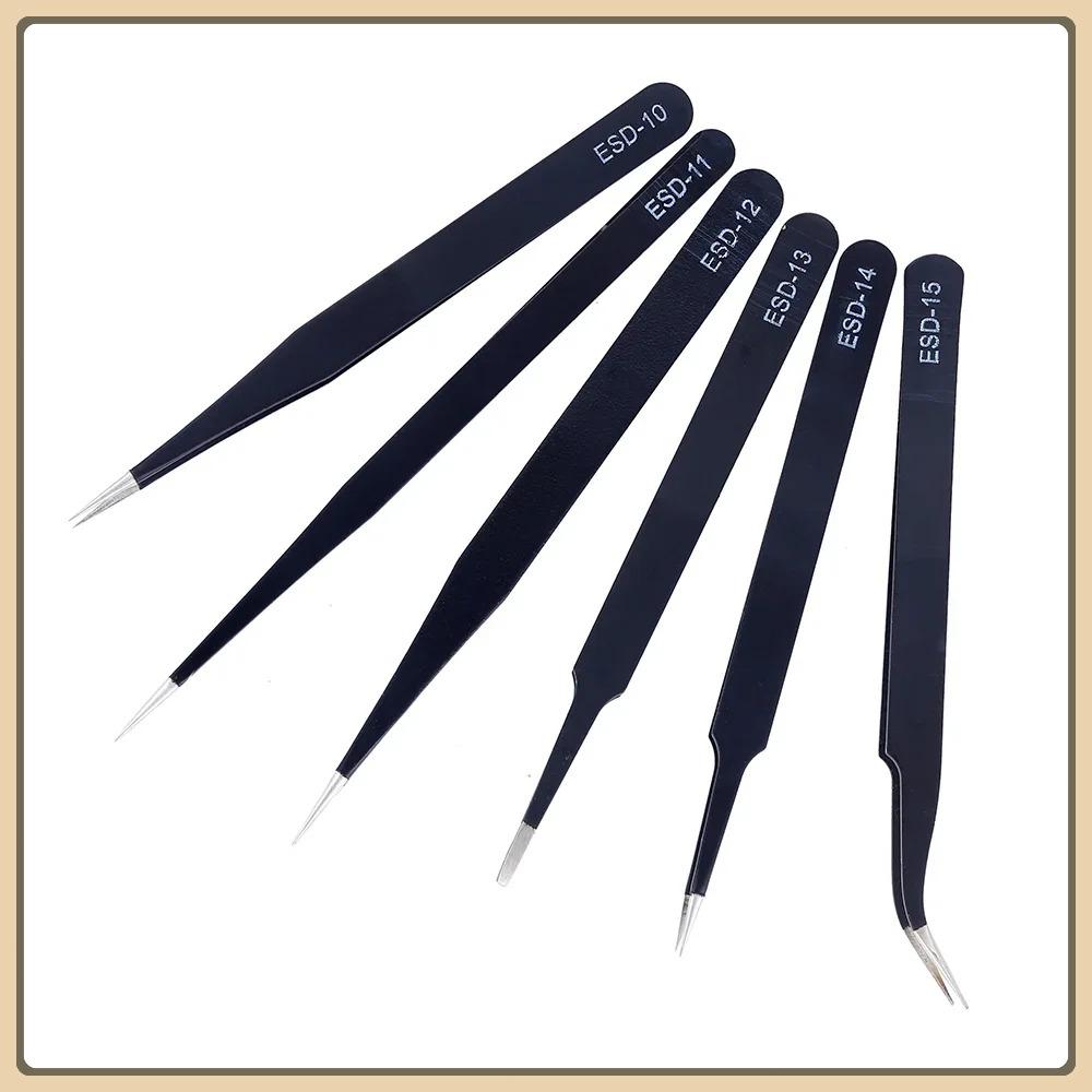 6Pcs Anti-static ESD Stainless Steel Tweezers Maintenance Tool Industrial Precision Curved Straight Tweezers Repair Tools Set