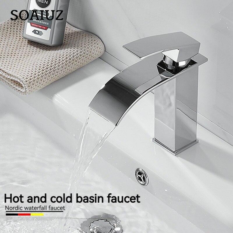 Copper Core European Waterfall Faucet Black Baking Paint Hot and Cold Basin Faucet Washbasin Hot and Cold Water Free Switching