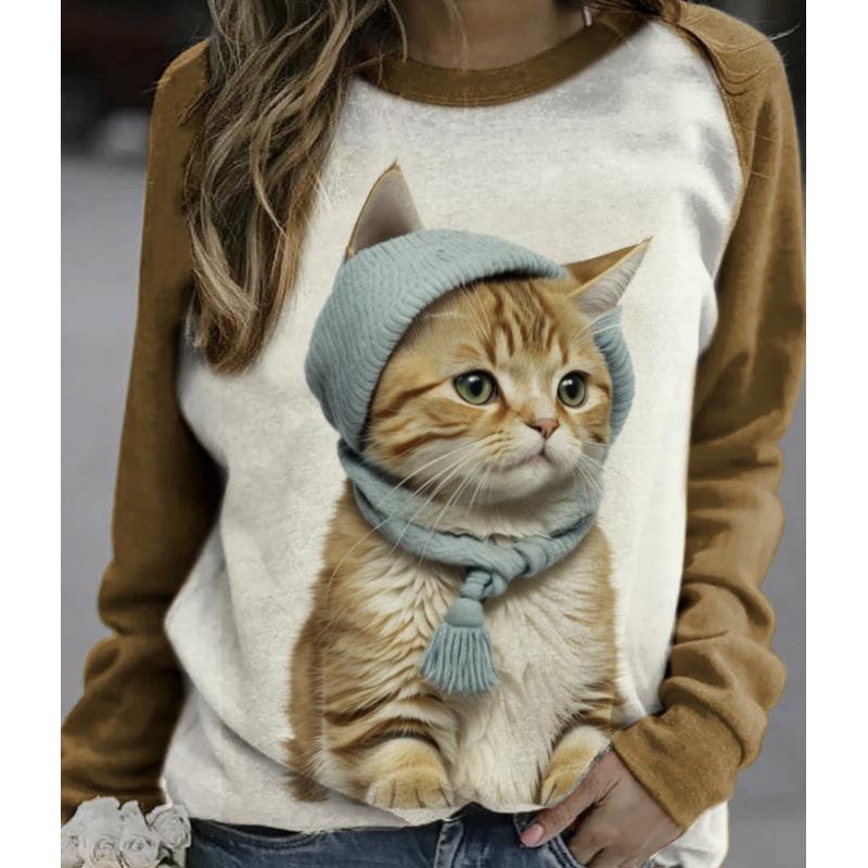 Cute cat, dog, animal Jesus 3D printed sports shirt for women's autumn shoulder long sleeved pullover Harajuku top for women's clothing