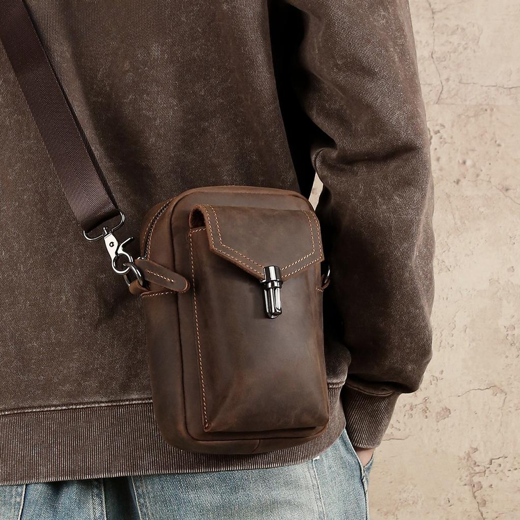 Men's Crossbody Bag, Commuter Genuine Leather, Men's Bag, Outdoor Mobile Phone Bag, Sports Waist Bag