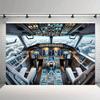 One piece a vibrant background cloth with a detailed view of the interior of a modern commercial aircraft cockpit