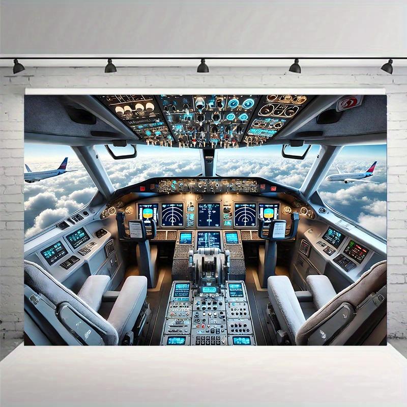 One piece a vibrant background cloth with a detailed view of the interior of a modern commercial aircraft cockpit