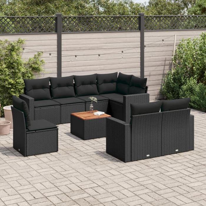 VidaXL Salon de Jardin avec Coussins 9 pcs, Canapés de Patio, Ensemble de Meubles, Mobilier de Terrasse Extérieur, Noir 3224214