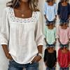 Nouveau Haut d'Été pour Femme en Coton et Lin - Couleur Unie, Col Carré, Patchwork de Dentelle, Manches Trois-Quarts