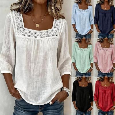 New Summer Women's Cotton Linen Top - Solid Color, Square Neck, Lace Patchwork, Three-Quarter Sleeves