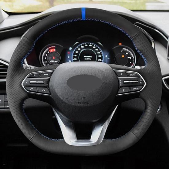 Кожаная оплетка руля DIY с черно-синей строчкой для Hyundai Santa Fe -