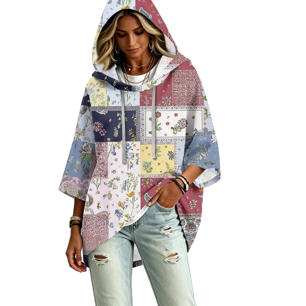 Women's Fashion Hooded Pullover Top with Three-Quarter Sleeves and Patchwork Print