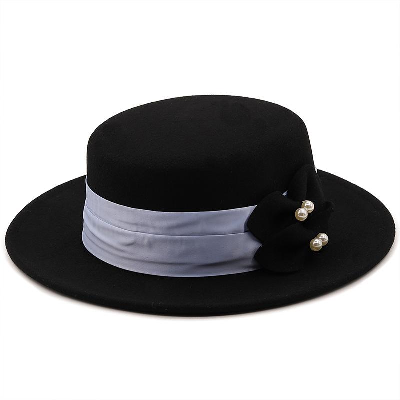 Herbst und Winter Japanische Wolle Wollflachkappe Perlen Schleife Dekoration Damen Retro Flache Kante Wollhut Mode Filzhut
