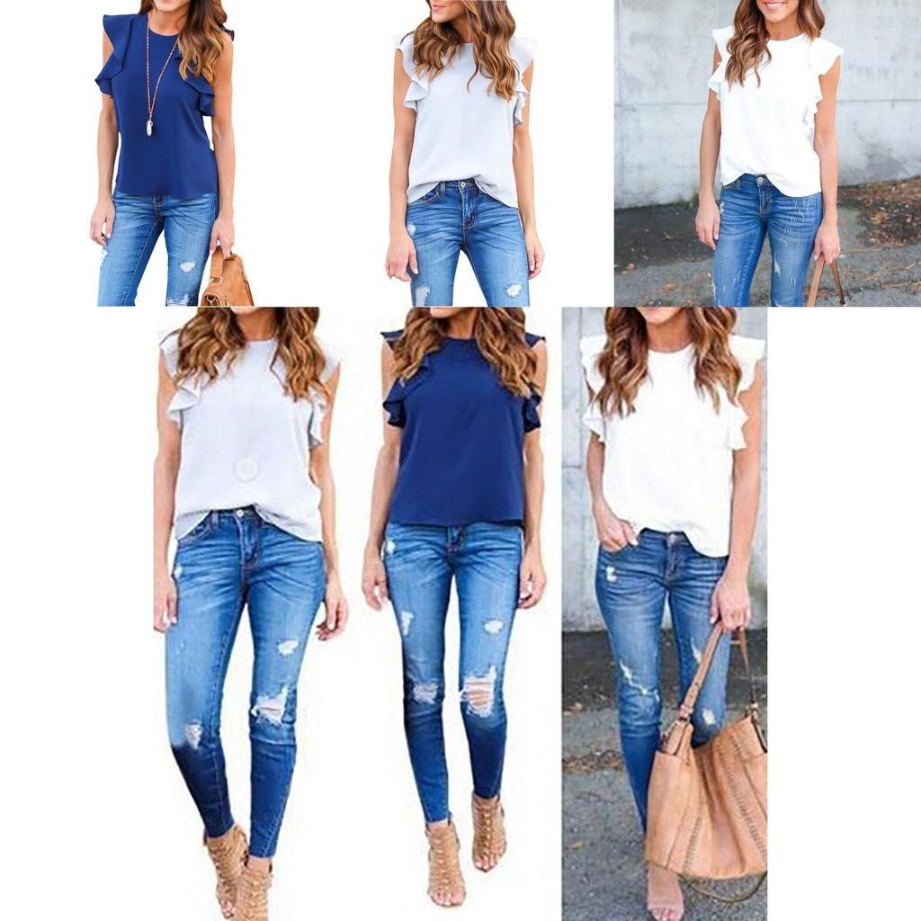 Elegant Ladies Summer Lotus Lace Short Sleeve Casual Shirt Tops Blouse T-shirt