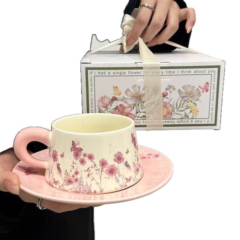 Watercolor Painting Rose Butterfly Coffee Cup And Saucer Set, High-End Ceramic Mug Souvenir, Light Luxury Retro Latte Cup