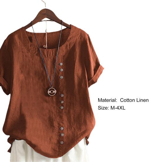 Woman Tops Round Neck Short Sleeves Solid Color Pullover Breathable Casual Wear Oversize Summer Loose Cotton Linen Leisure Shirt Women Clothes