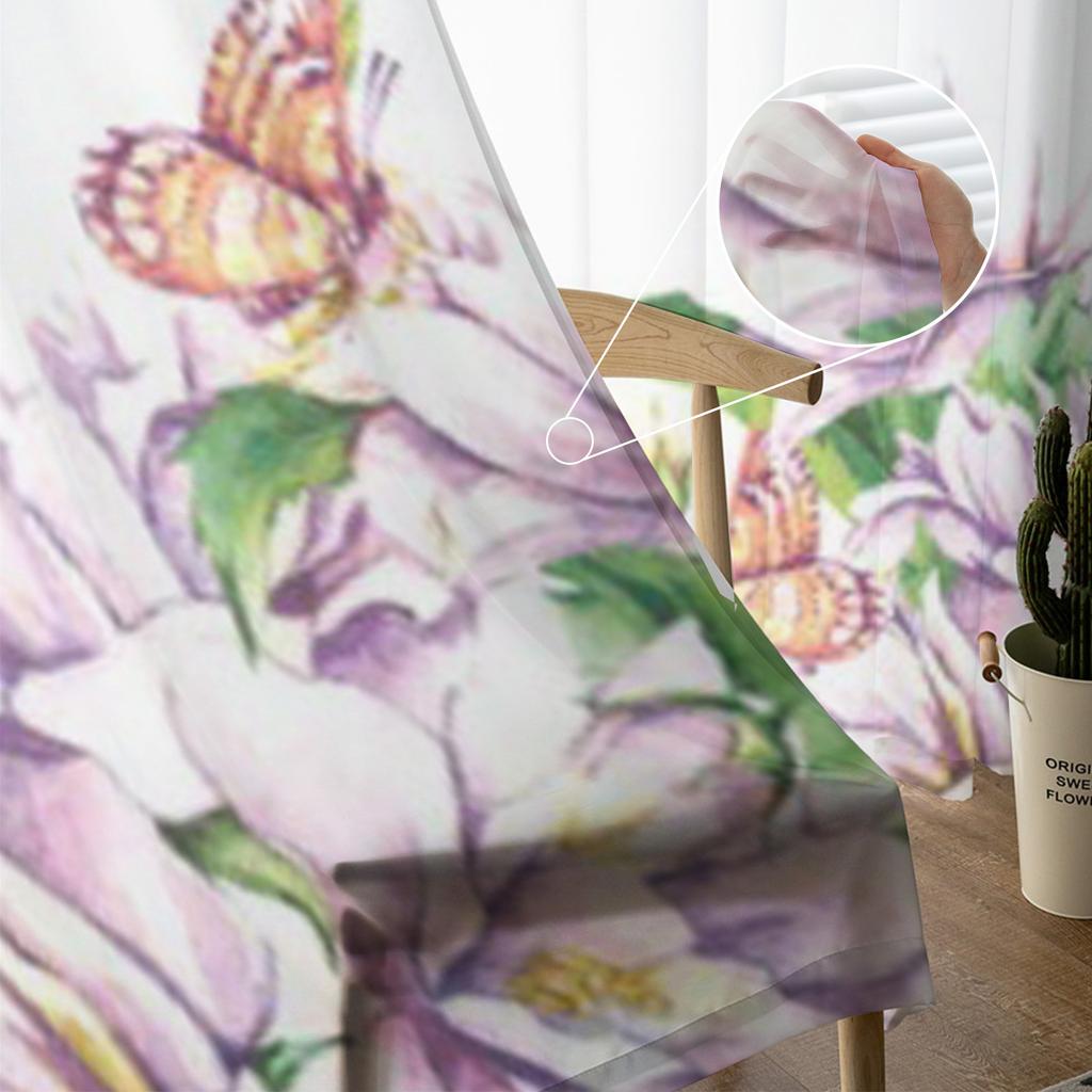 Watercolor Flowers Butterflies Sheer Curtains For Bedroom Living Room Kitchen Window Voile Tulle Drapes