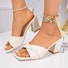 Fashion Elegant Ladies Solid Beige Cross Strap Sandals Summer 2025 Square Toe High Heels Slides Women Pu Leather Plus Size Mules Slipper