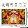 Gold-decorated lantern backdrop fabric with an Indian traditional theme featuring orange marigolds and pink roses