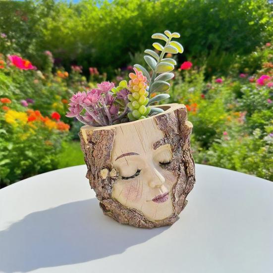 Handmade Girl Face Stump Planter 5" Resin Head Tree Stump Flower Vase with Drainage Hole for Outdoor Garden Patio Desk Decor