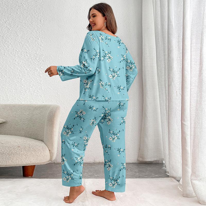 Frühling Herbst Übergröße 5XL Damen Blumenmuster Pyjama Set Zweiteilige Nachtwäsche Loungewear Kurzarm Oberteil und Hose Pyjama Damen Pijama Homewear