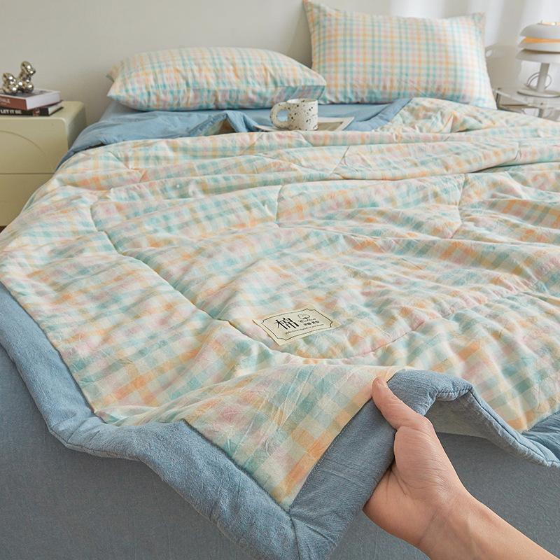 Plaid Print Washable Cotton Summer Cooling Quilt Lightweight Breathable Machine Washable for Student Dorms Single Double Beds Air Conditioner Rooms