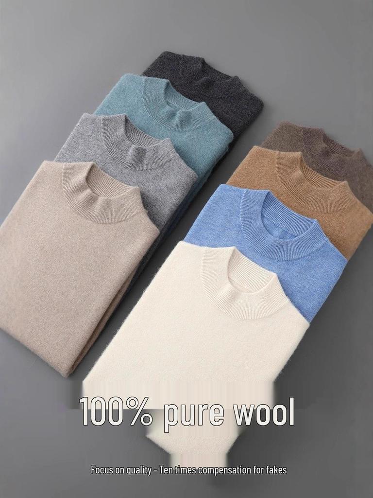 Men's 100% Pure Wool Half-High Neck Sweater - Solid Color, Business Casual Knit Base Layer Top