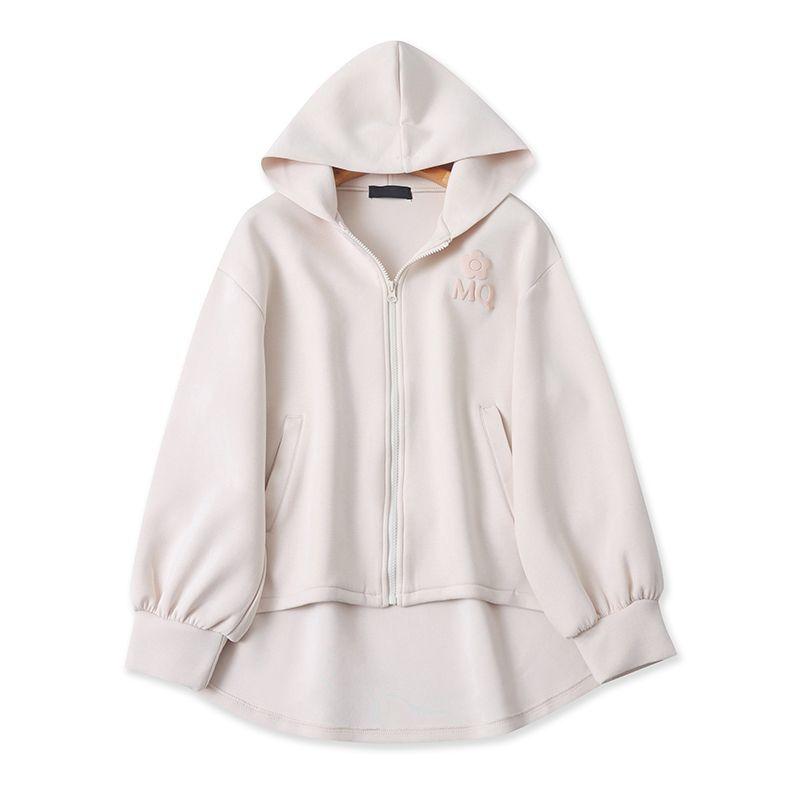 

234 Daily Single Hooded Loose Shoulder Zipper Sweatshirt Outwear Beige White M