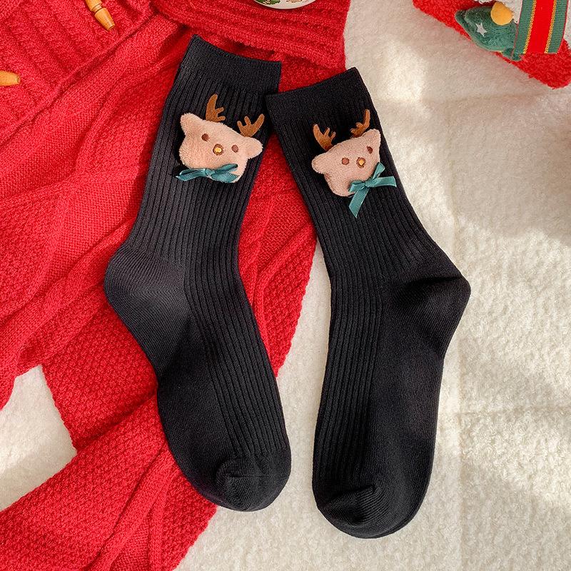 

Женские осенне-зимние новые рождественские милые мультяшные личностные креативные носки из хлопка с рисунком в трубку 1 pair чёрный