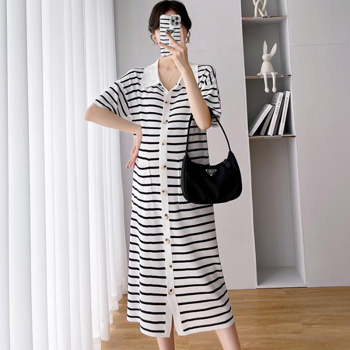 

2023 Летнее корейское полосатое трикотажное платье для беременных с короткими рукавами Large