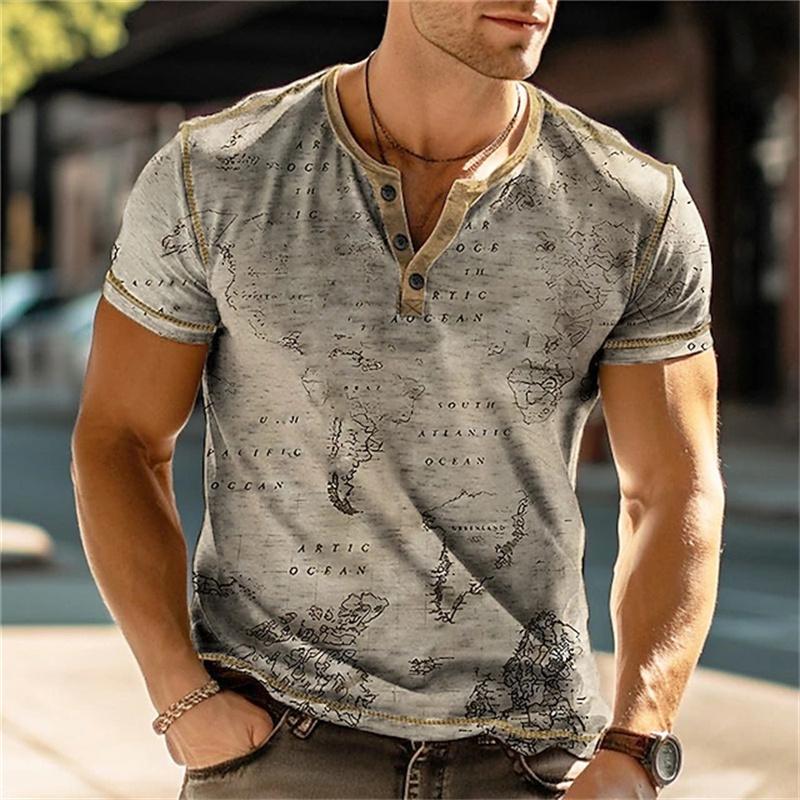 Summer 3D Printed Men's Button T Shirt Retro Patchwork Pattern Cool Breathable Short Sleeve Trendy Casual T Shirt Oversized Top