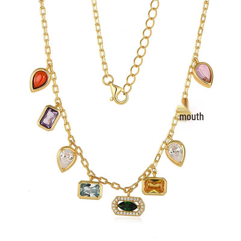 European & American Gold-Plated Copper Necklace with Colorful Zircon, Light Luxury High-End Jewelry