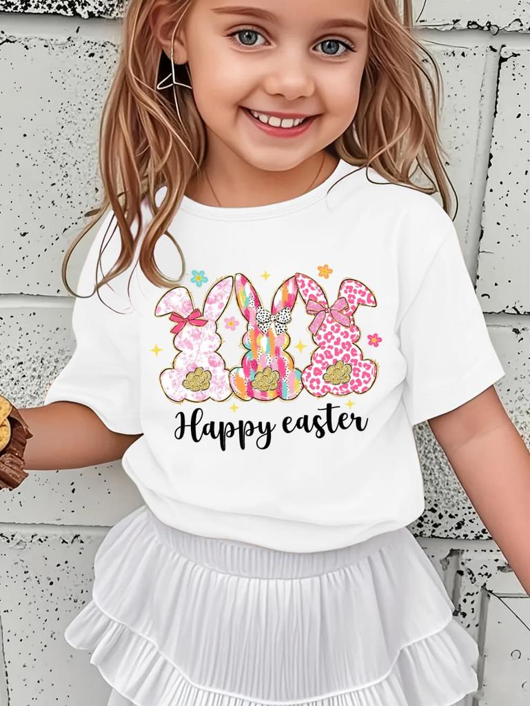 Happy Easter Shirt Kawaii Trio Bunny Kids Tees Colorful Rabbit Outfit Glitter Effect Top Toddler Spring Gift Pastel Girl Clothes