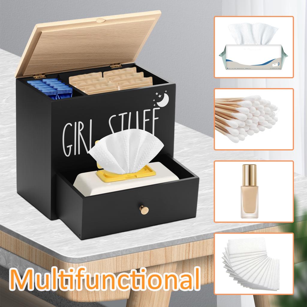 Tamponhalter aus Holz mit Schublade und Deckel Badezimmer Tampon Aufbewahrungsbox Große Kapazität Staubdicht Damenhygieneartikel Organizer