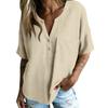 Women Casual V Neck Blouse Short Sleeve Bohemian Style Shirt Loose Fit Lightweight Summer Top with Button Detail and Pocket